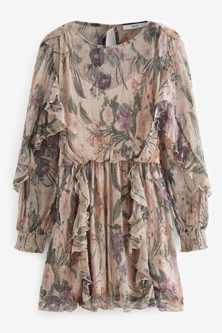 Blush Pink Floral Long Sleeve Ruffle Detail Mini Dress - Image 1 of 1
