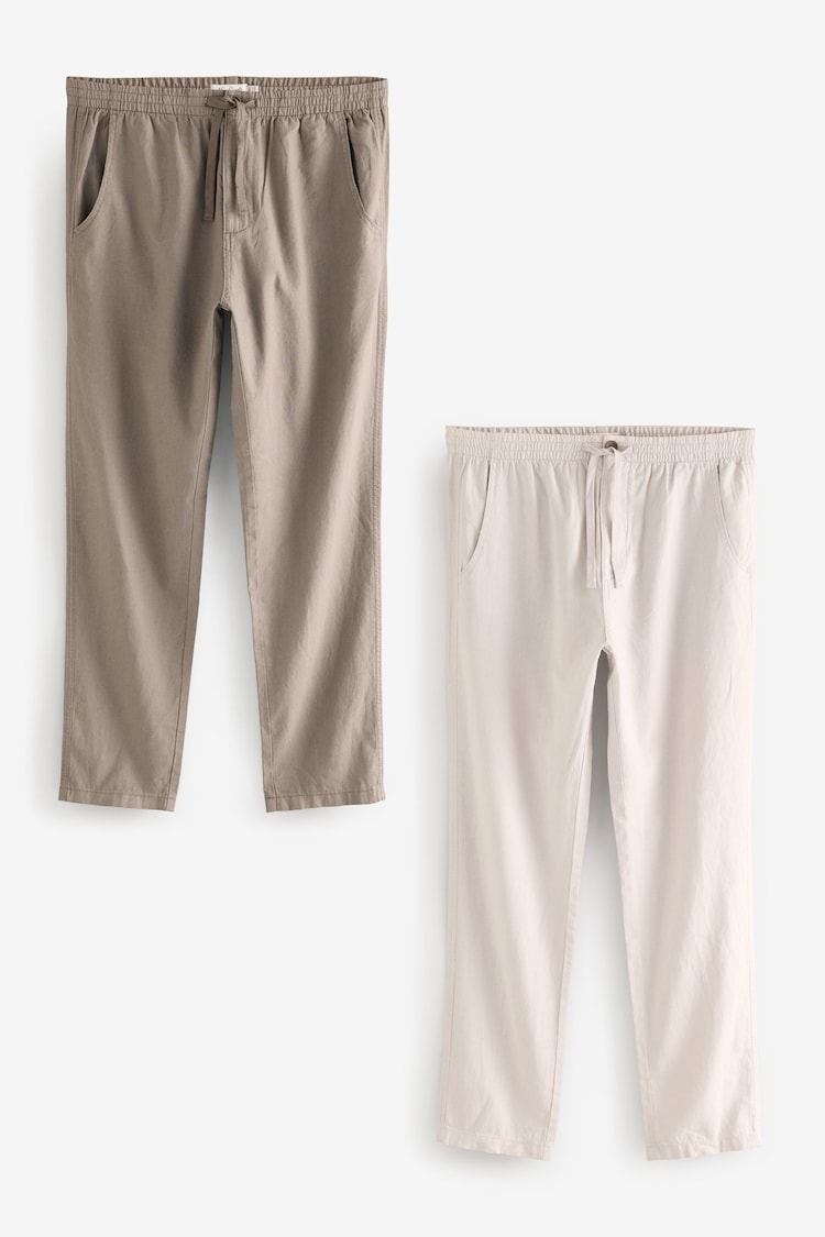 Mushroom Brown/Light Grey Linen Cotton Elasticated Drawstring Trousers 2 Pack - Image 1 of 1