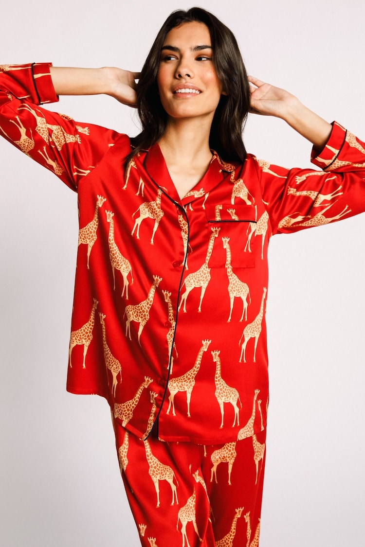 Chelsea Peers Red Satin Giraffe Print Long Pyjama Set - Image 1 of 1