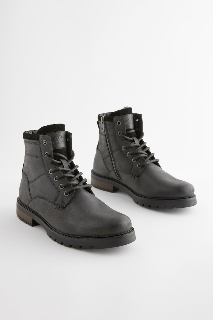 Black Leather Zip Up Borg Lined Boots - Image 1 of 1