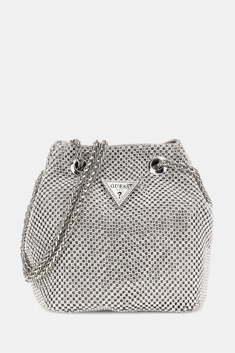 GUESS Silver Lua Rhinestone Embellished Pouch Bucket Bag - Image 1 of 1