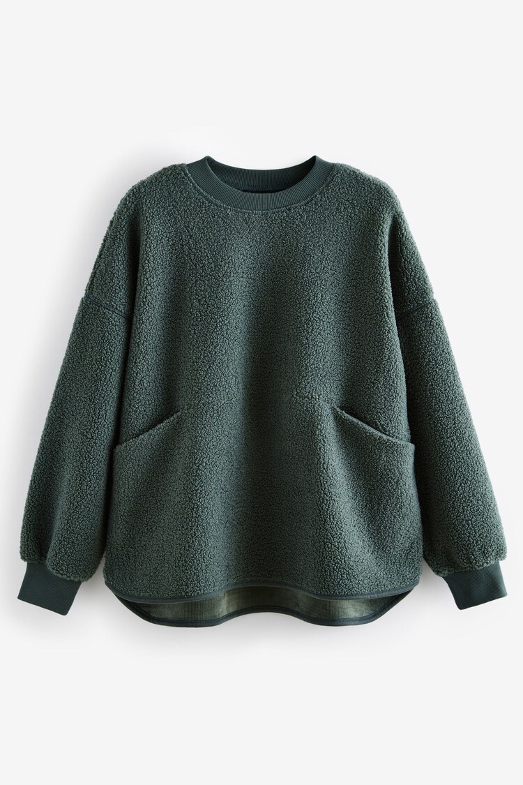 Teal Blue City Graphic Print Relaxed Fit Teddy Borg Fleece Cord Back Longline Crew Neck Sweatshirt - Image 1 of 1