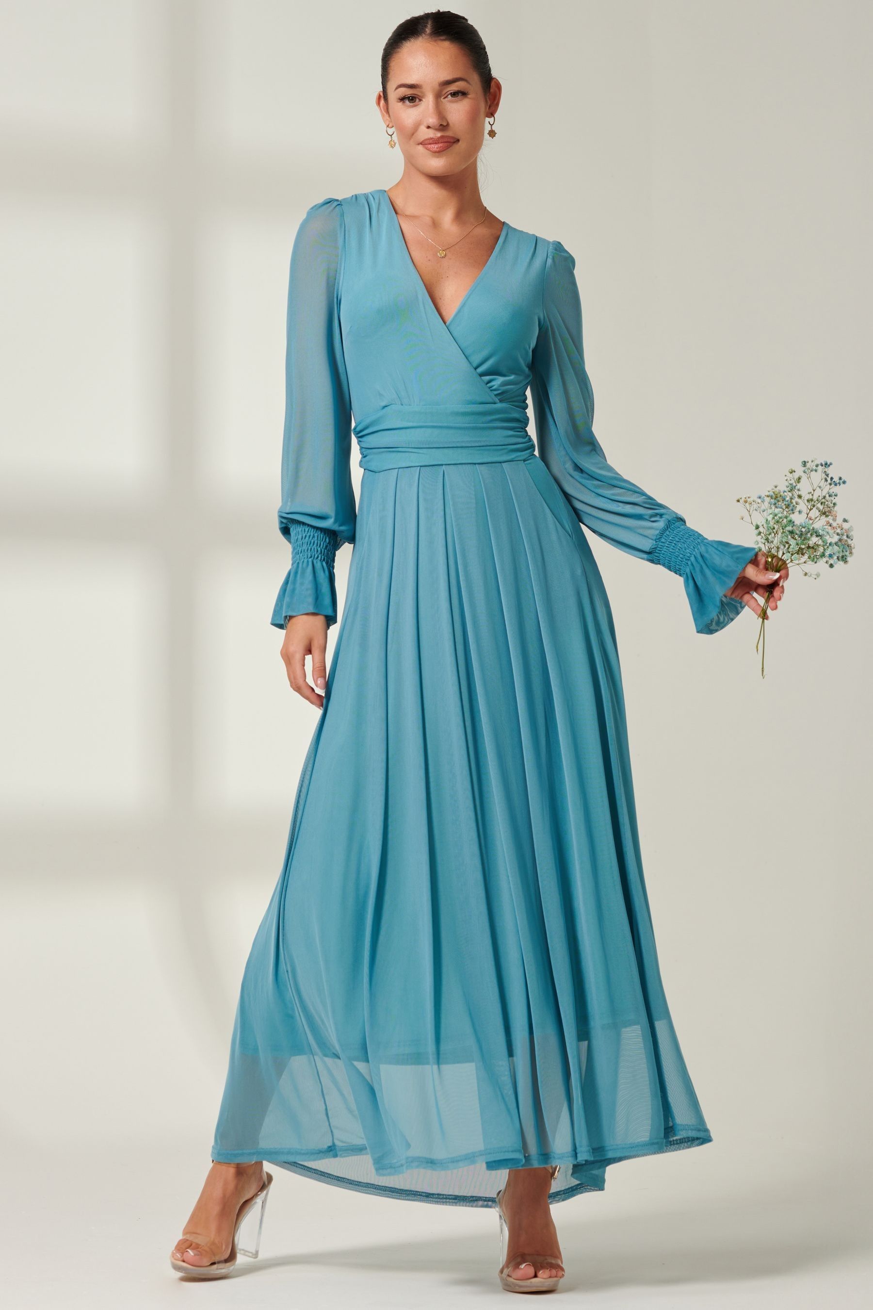 Buy Jolie Moi Blue Greta Long Sleeve Mesh Maxi Dress from the Next UK ...