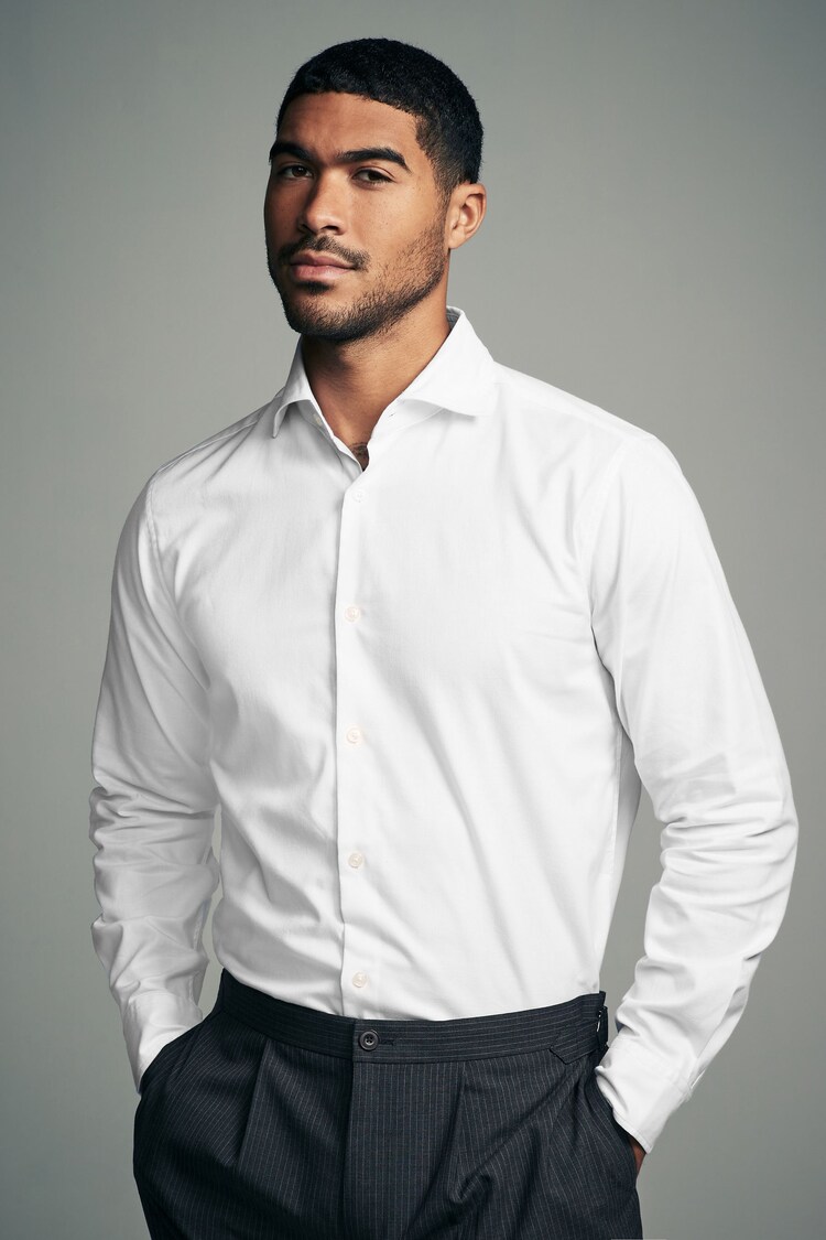 Белый - Regular Fit Brushed Flannel Single Cuff Formal 100% Cotton Oxford Shirt - Изображение 1 из 1