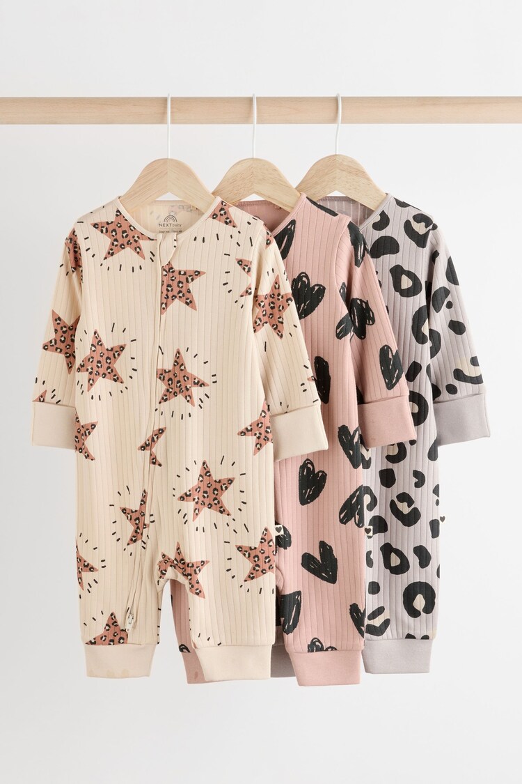 Brown Two Way Zip Baby Footless 100% Cotton Sleepsuits 3 Pack (0mths-3yrs) - Image 1 of 1