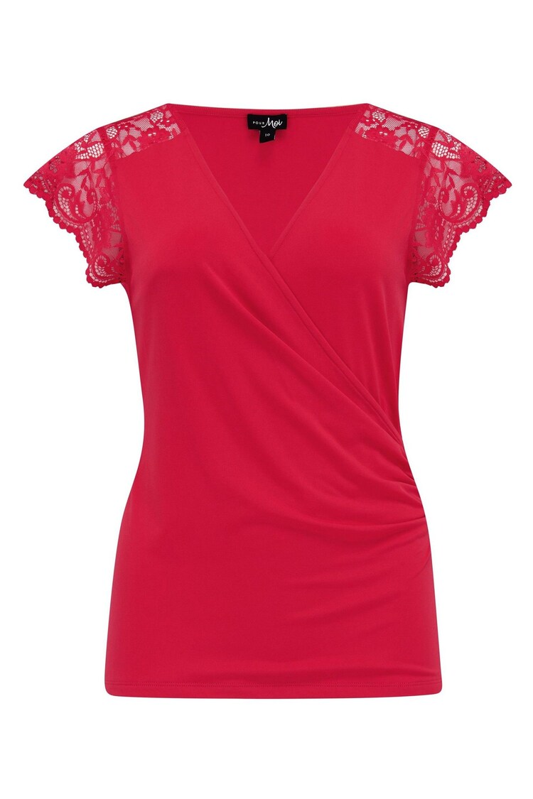 Pour Moi Pink Julie Fuller Bust Slinky Jersey Lace Trim Wrap Top - Image 1 of 1