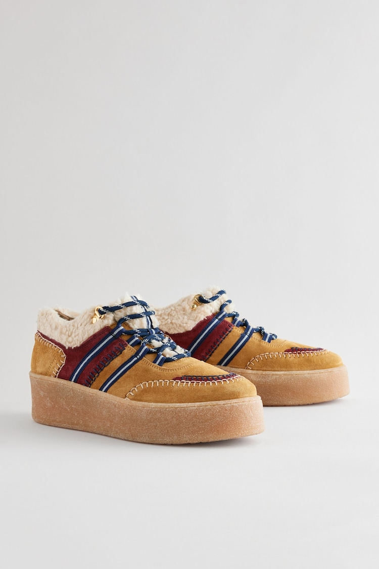 Tan Brown Forever Comfort® Leather Borg Chunky Wedge Lace-Up Trainers - Image 1 of 1