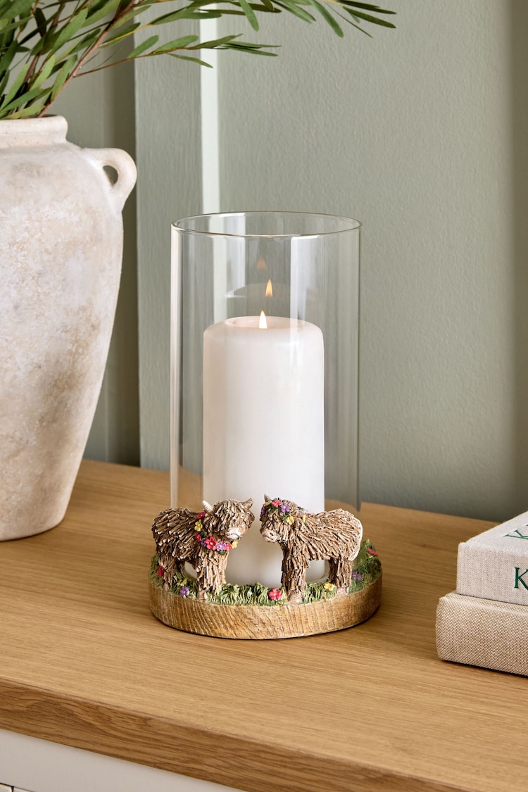 Natural Hamish The Highland Cow Floral Hurricane Candle Holder - Image 1 of 1