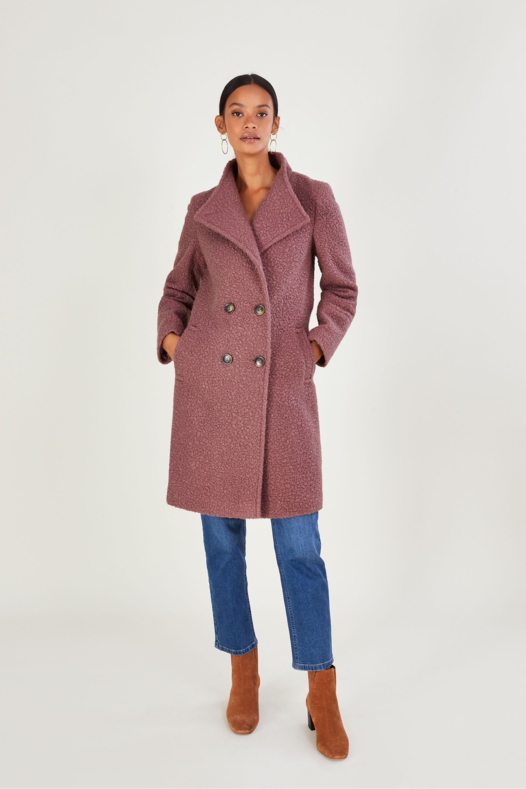 Buy Monsoon Pink Blake Boucle Double Breasted Funnel Neck Coat from