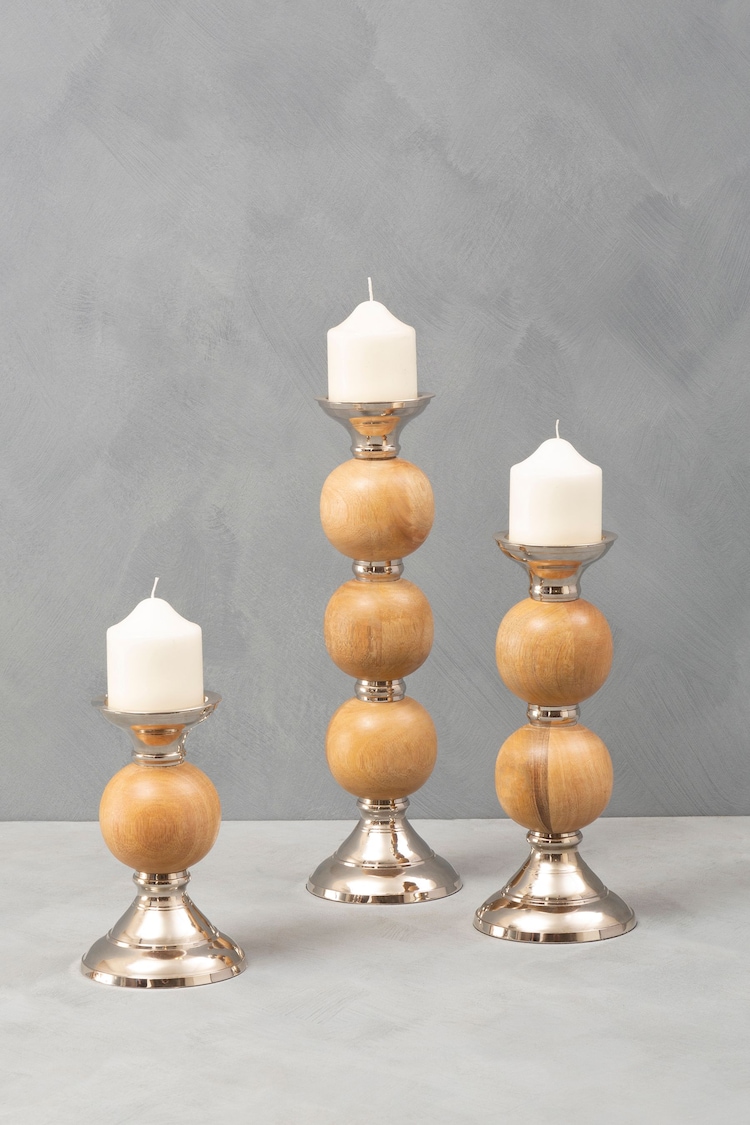 Fifty Five South Silver Hampstead Pillar Brass/Wood Candle Holder - Image 1 of 1