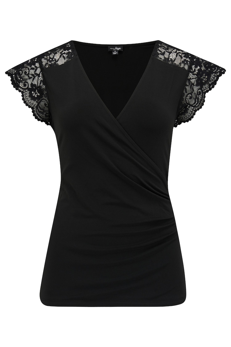 Pour Moi Black Julie Fuller Bust Slinky Jersey Lace Trim Wrap Top - Image 1 of 1