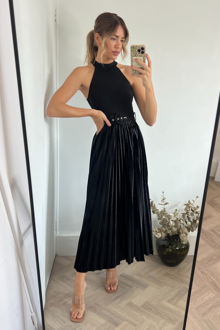 Style Cheat Black Velvet Luisa Halter Pleated Maxi Dress - Image 1 of 1