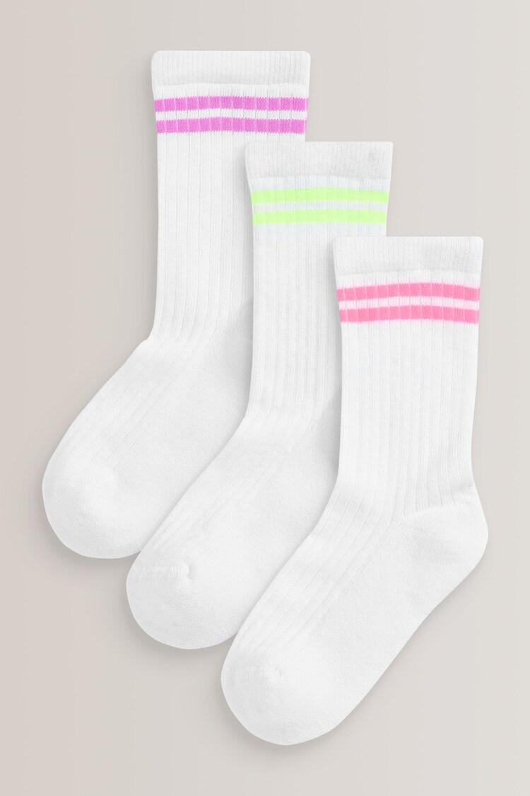 White with fluorescent stripe Regular Length Cotton Rich Cushioned Sole Ankle Socks 3 Pack - Image 1 of 1