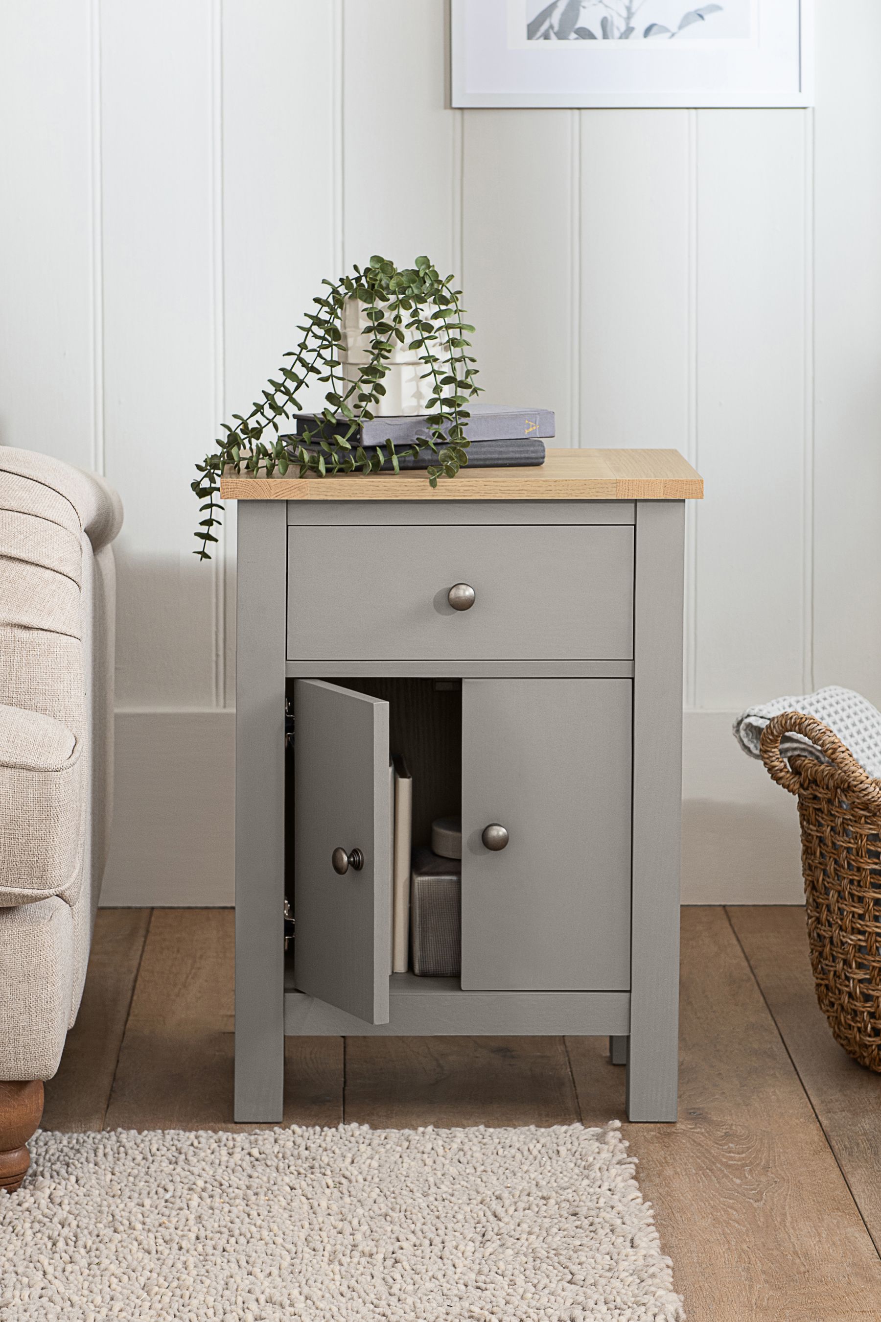 Buy Dove Grey Malvern Oak Effect Storage Side Table from the Next UK