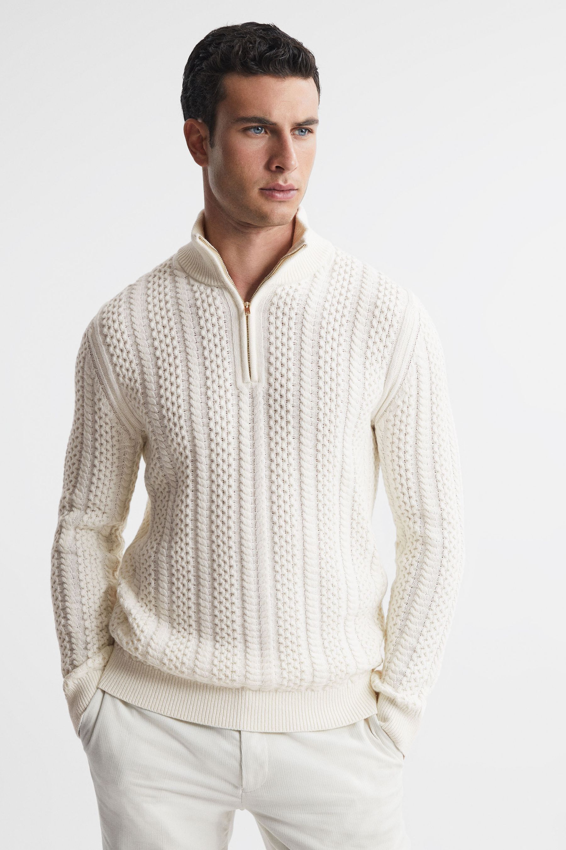 Buy Reiss Ecru Bantham Cable Knit Half-Zip Funnel Neck Jumper from the ...