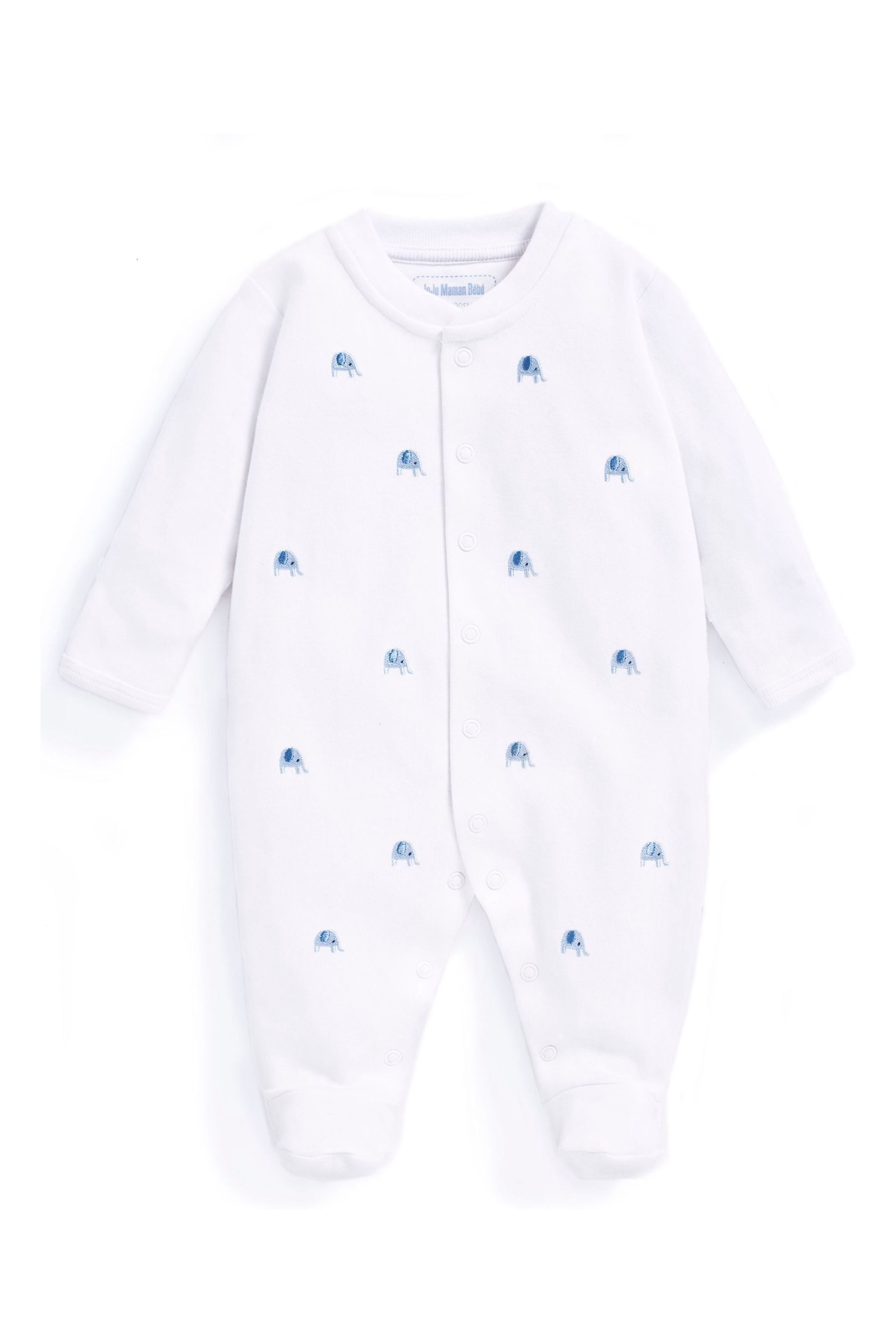 Buy JoJo Maman Bébé Blue Elephant Embroidered Cotton Baby Sleepsuit
