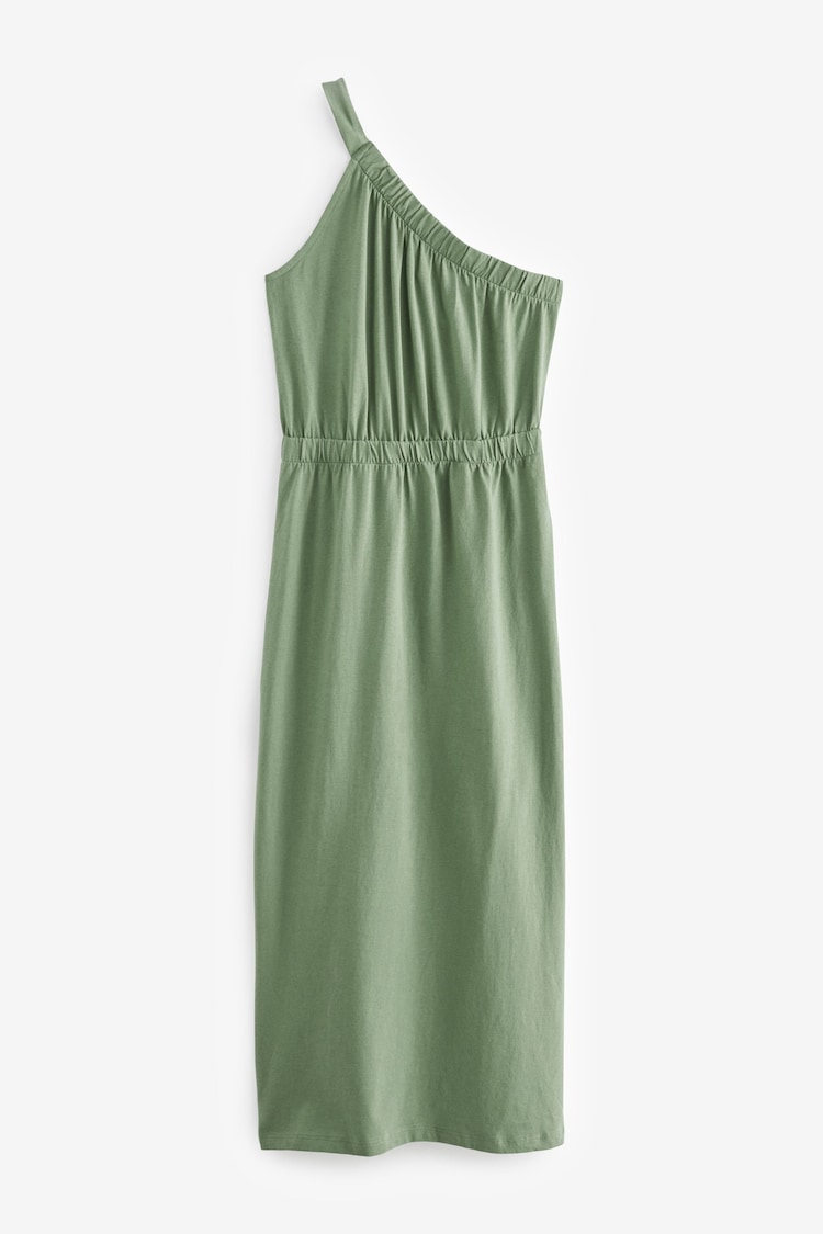 Khaki Green One Shoulder Split Hem Cotton Midi Summer Dress - Image 1 of 1