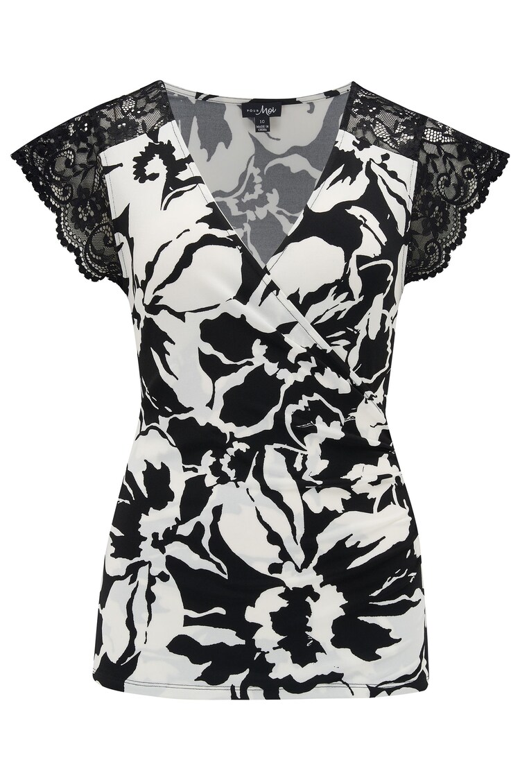 Pour Moi Black & White Julie Fuller Bust Slinky Jersey Lace Trim Wrap Top - Image 1 of 1