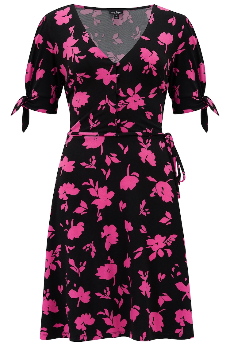 Pour Moi Black & Pink Floral Bella Fuller Bust Slinky Stretch Tie Sleeve Mini Dress - Image 1 of 1