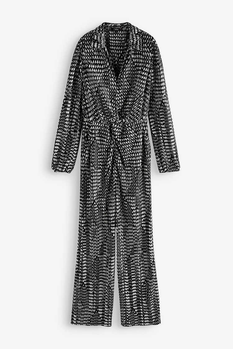 Black/White Geo Print Long Sleeve Plissé Jumpsuit - Image 1 of 1