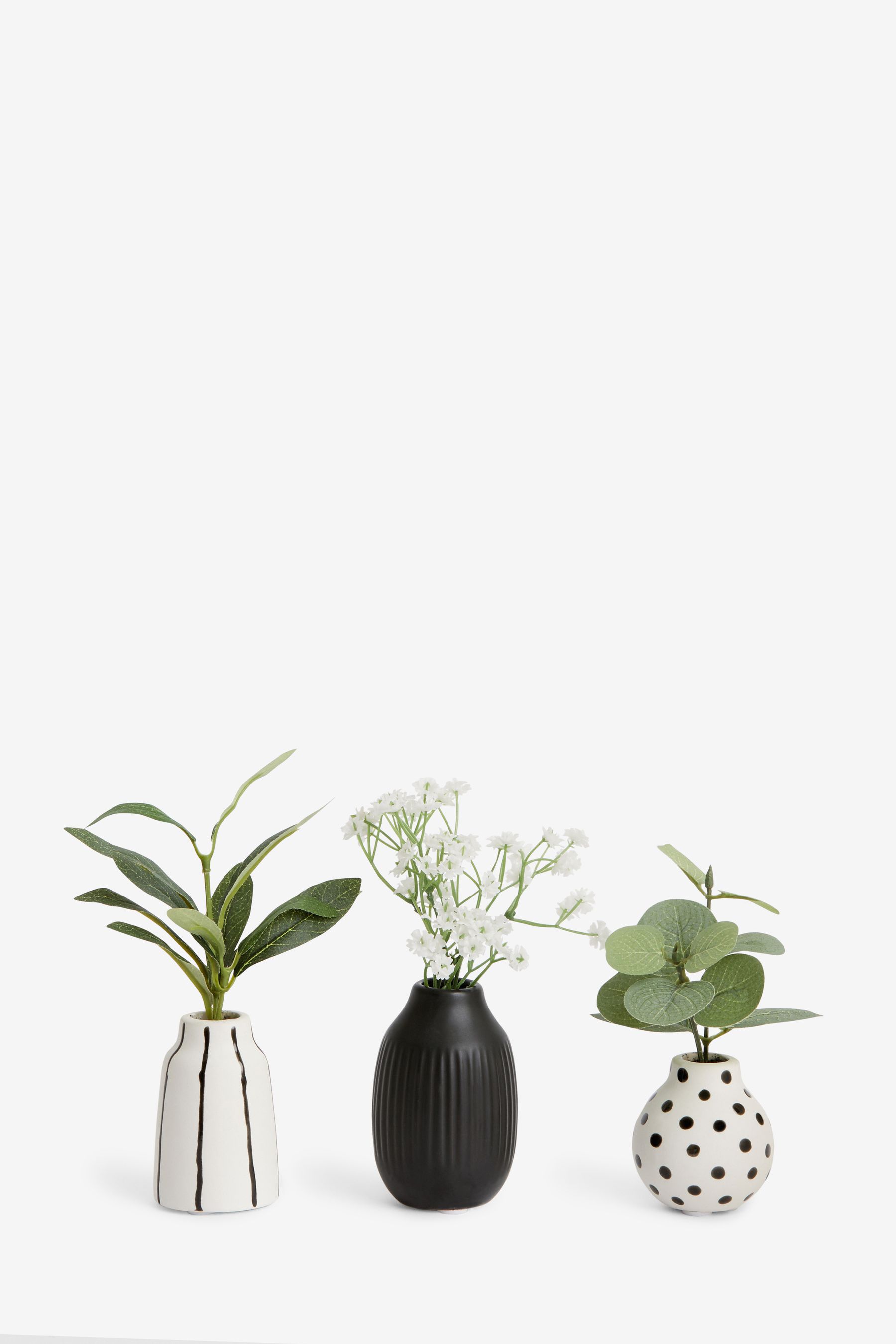 Buy Set of 3 Green Artificial Plants In Monochrome Ceramic Pots from