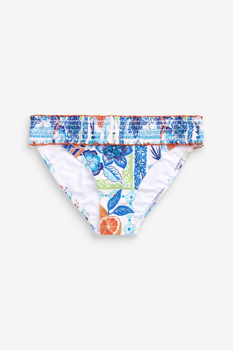 Blue/White Print Shirred High Leg Bikini Bottoms - Image 1 of 1