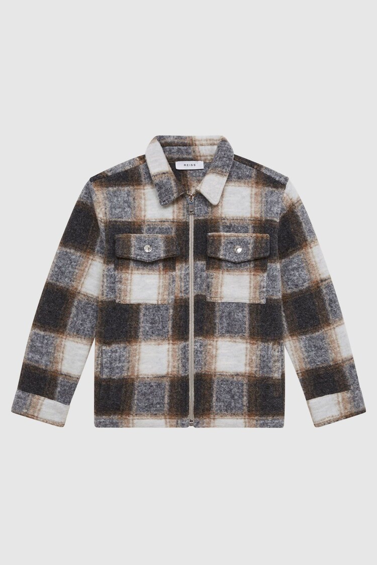 Reiss Charcoal Angelo Senior Checked Zip Up Overshirt - Image 1 of 1