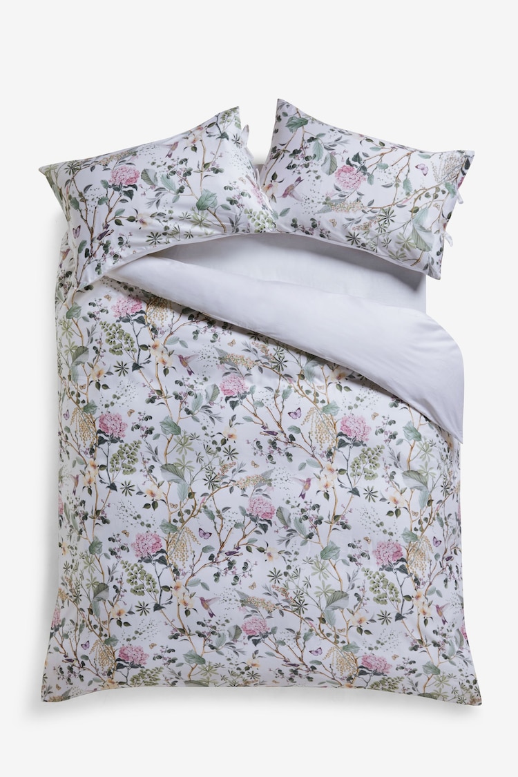 Green/Ecru White 300 Thread Count 100% Cotton Floral Duvet Cover And Pillowcase Set - Image 1 of 1