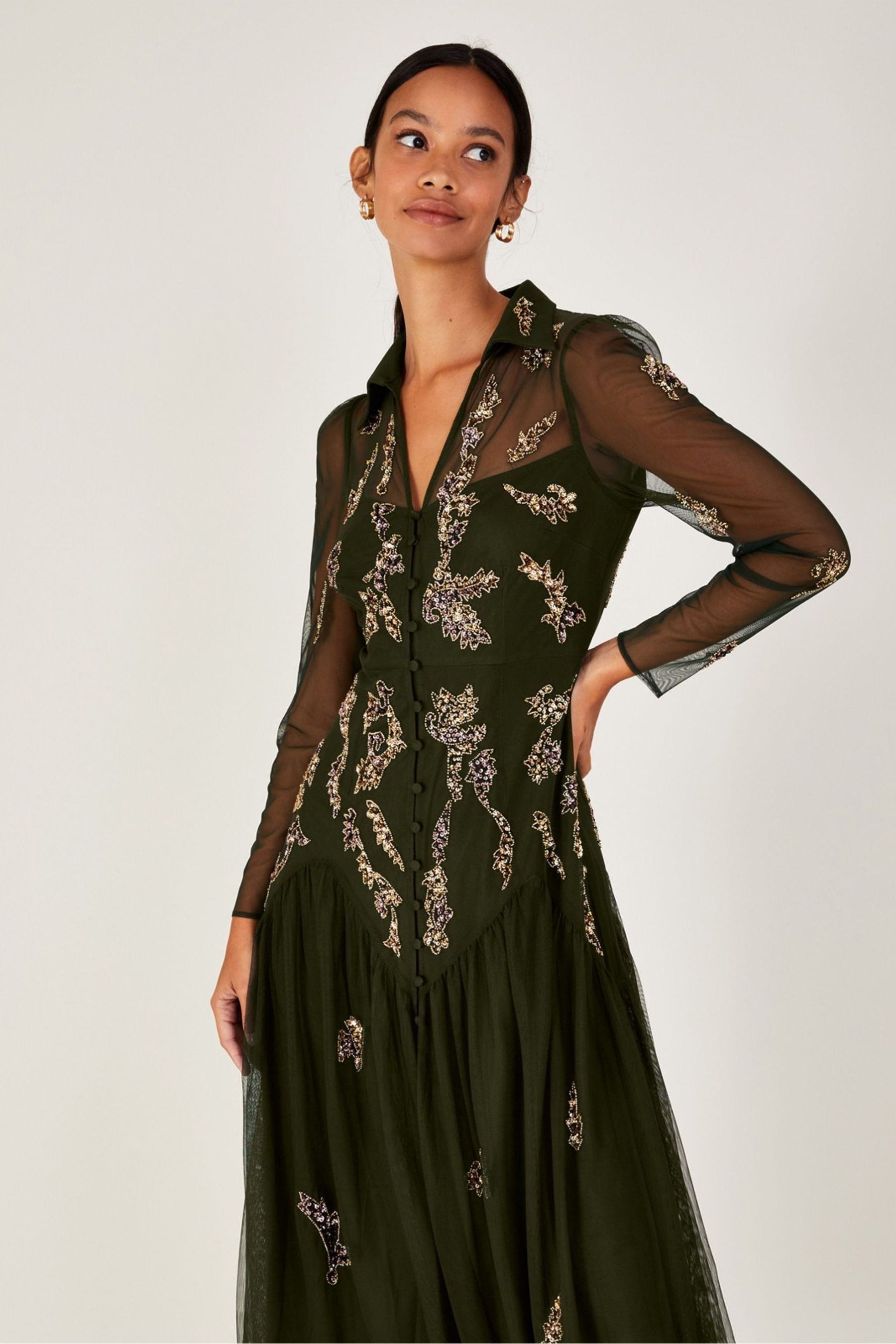 Buy Monsoon Green Gina Embellished Shirt Dress With Recycled Polyester