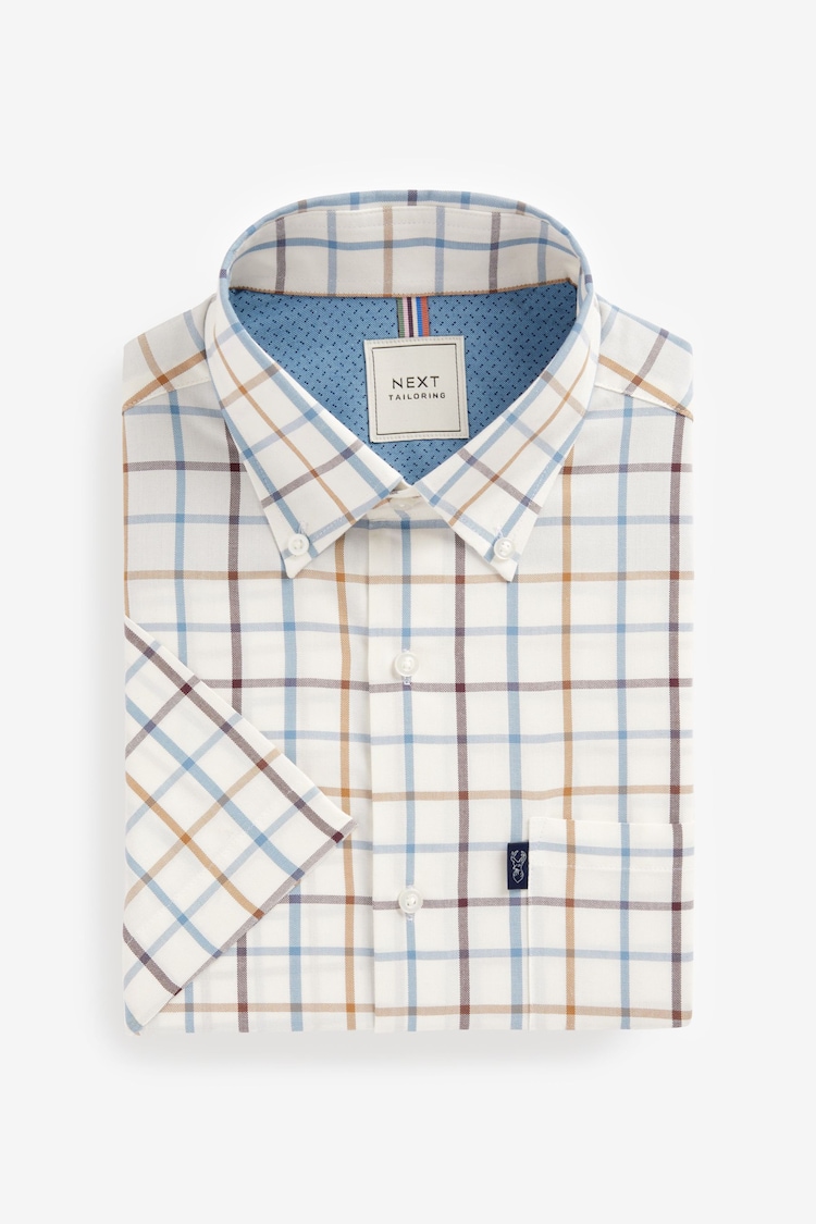 Crème/bleu à carreaux Tattersall - Standard - Chemise Oxford Easy Iron boutonnée à manches courtes - Image 1 de 1