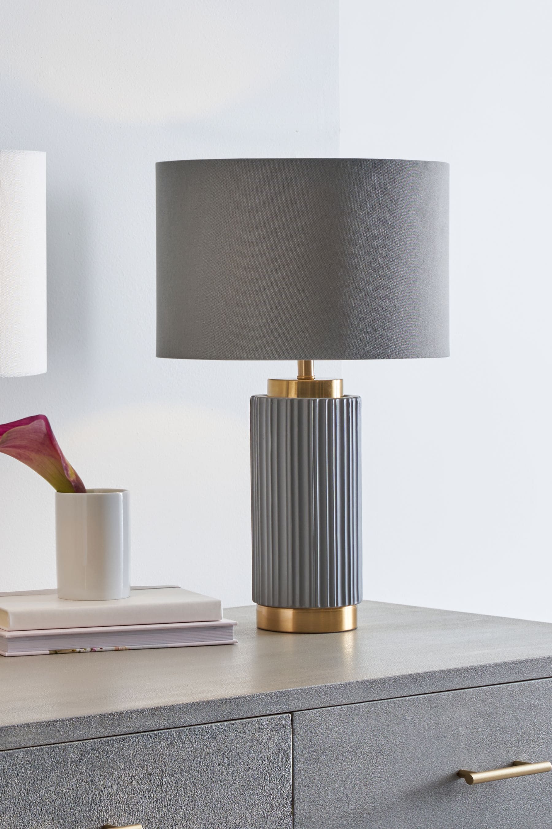 Buy Pacific Grey Ionic Textured Ceramic And Gold Metal Table Lamp from ...