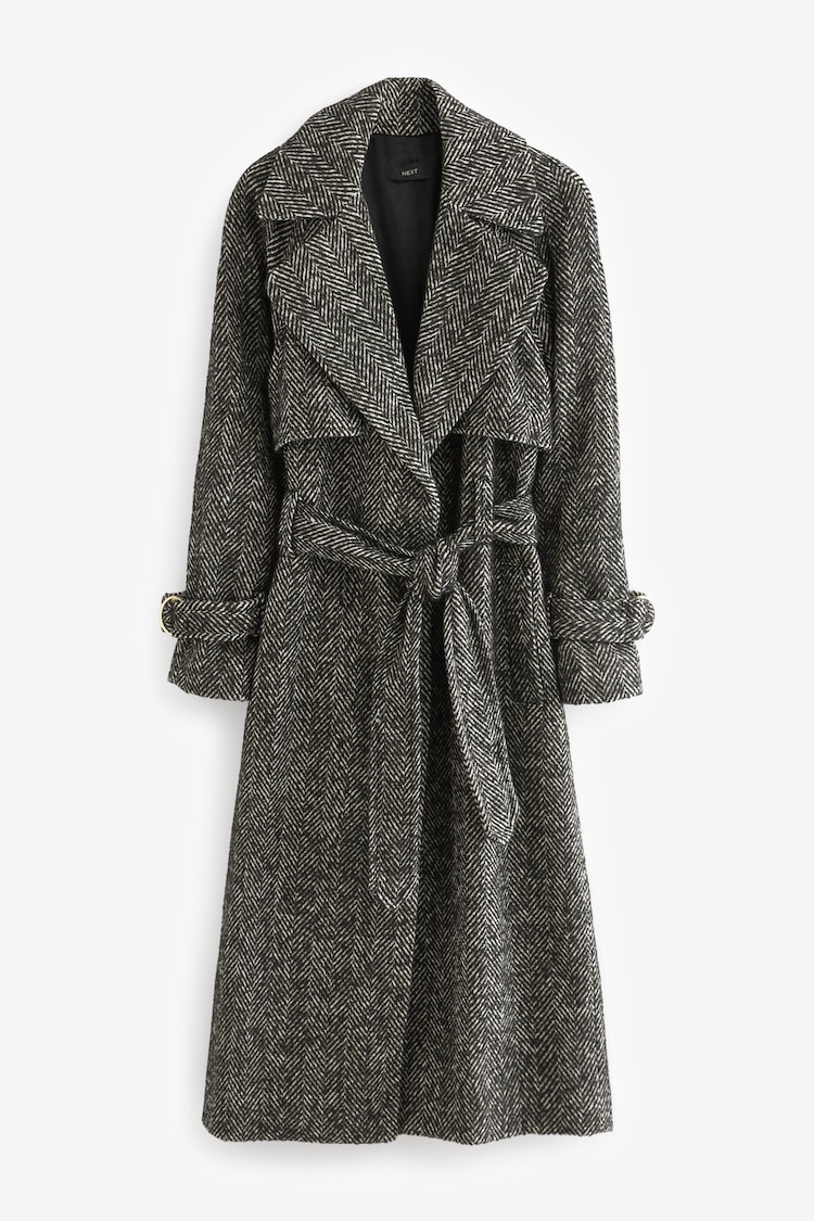 Textured Monochrome Herringbone Belted Quilt Lined Trench Style Coat - Image 1 of 1