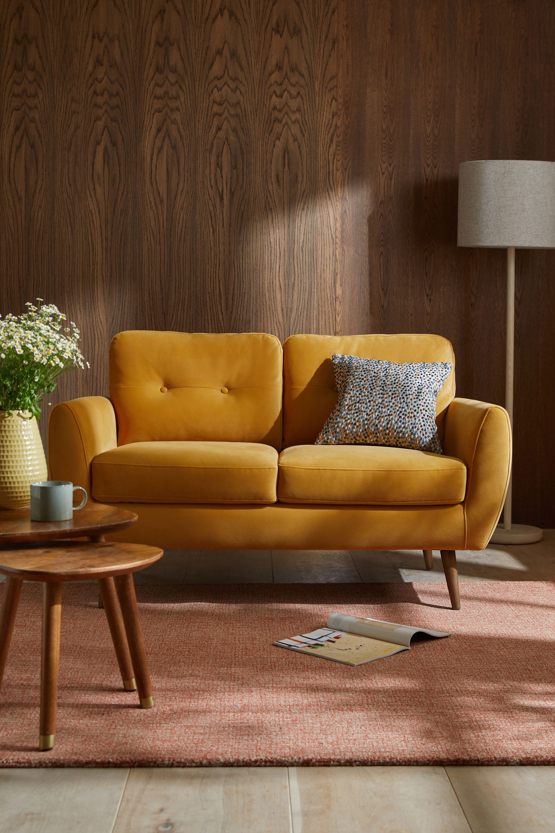 Buy Soft Velvet Ochre Yellow Bronx Leg Wilson Compact 2 Seater Sofa In