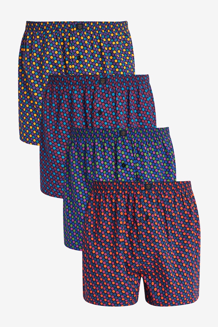 Navy/Burgundy Geo 4 pack Woven Pure 100% Cotton Boxers - Image 1 of 1
