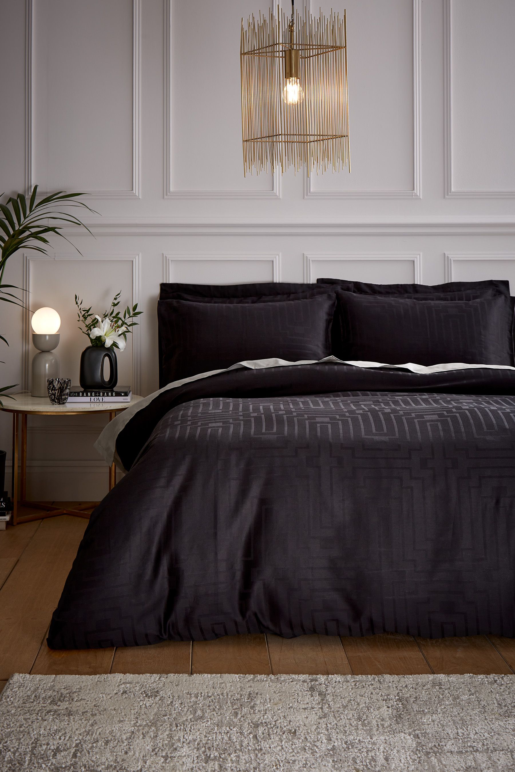Buy Bianca Black Satin Geo Jacquard Cotton Duvet Cover and Pillowcase
