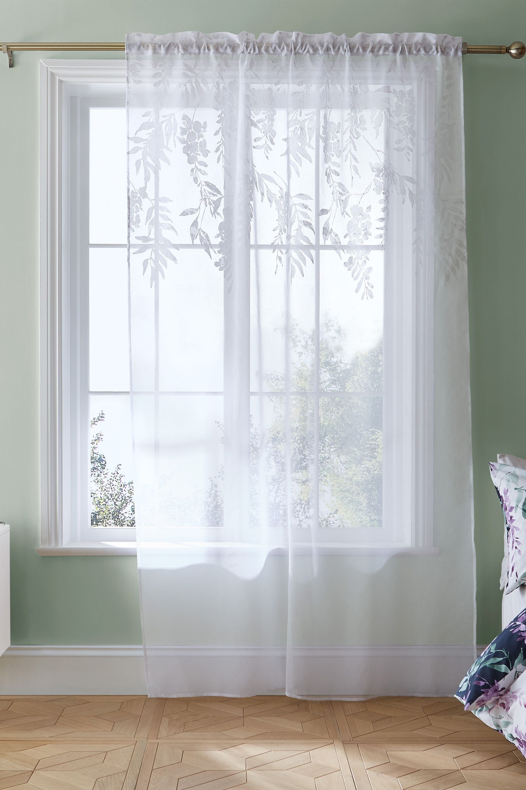 Buy Catherine Lansfield White Wisteria Floral Slot Top Voile Curtain