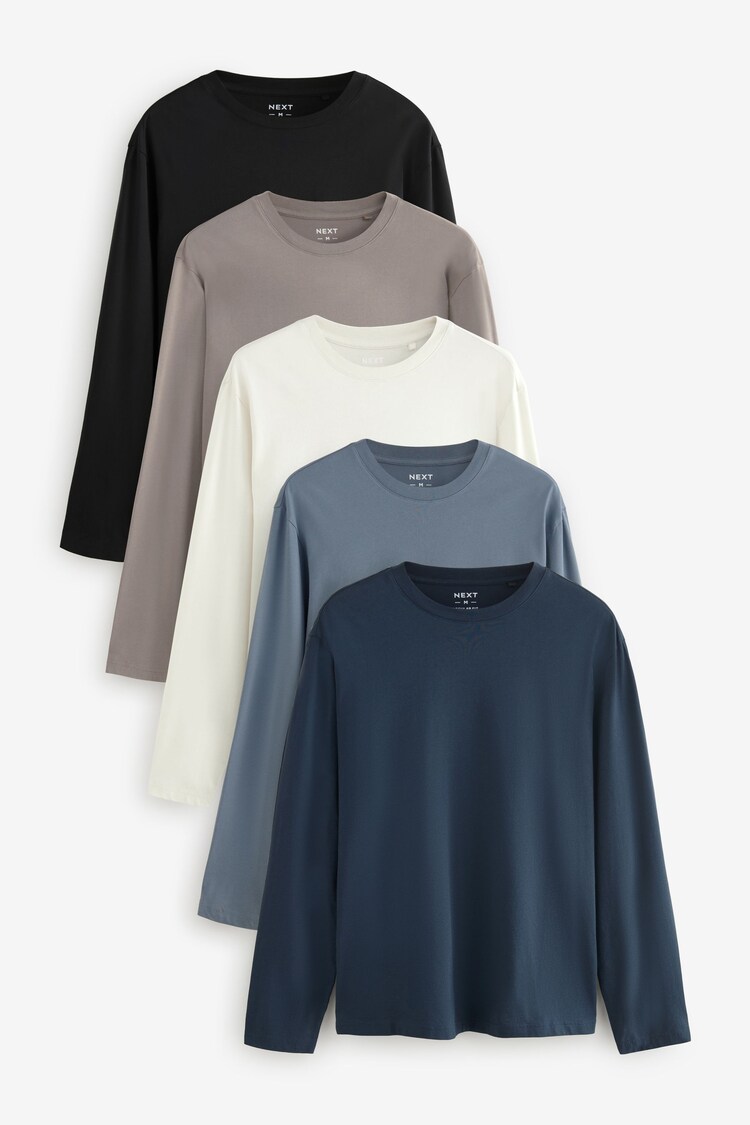 Синий/Серый/нейтральный - Обычный крой - Regular Fit Long Sleeve 100% Cotton T-Shirts 5 Pack - Image 1 of 1