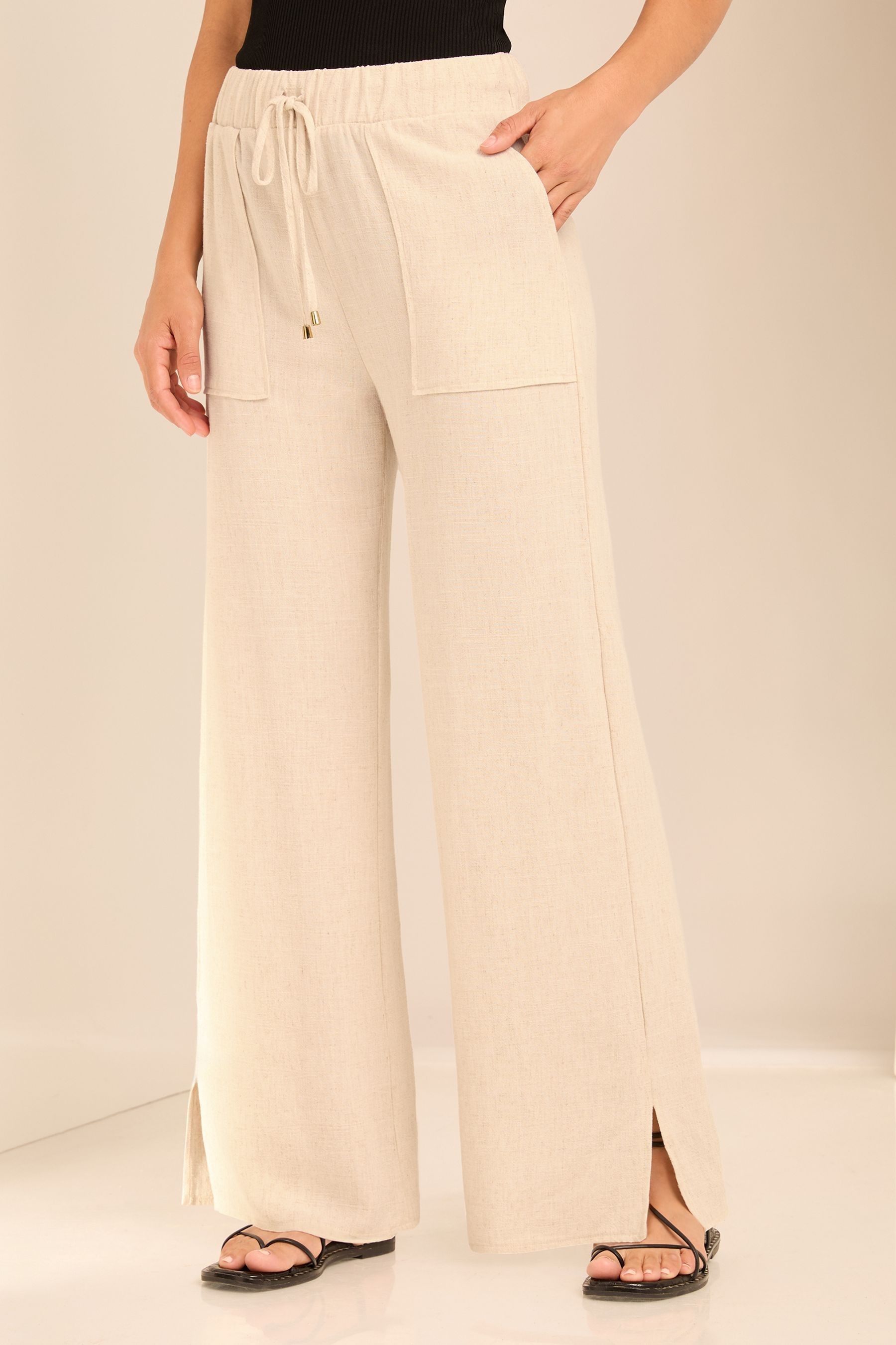 Buy Lipsy Light Camel Petite Wide Leg Trousers With A Touch Of Linen ...