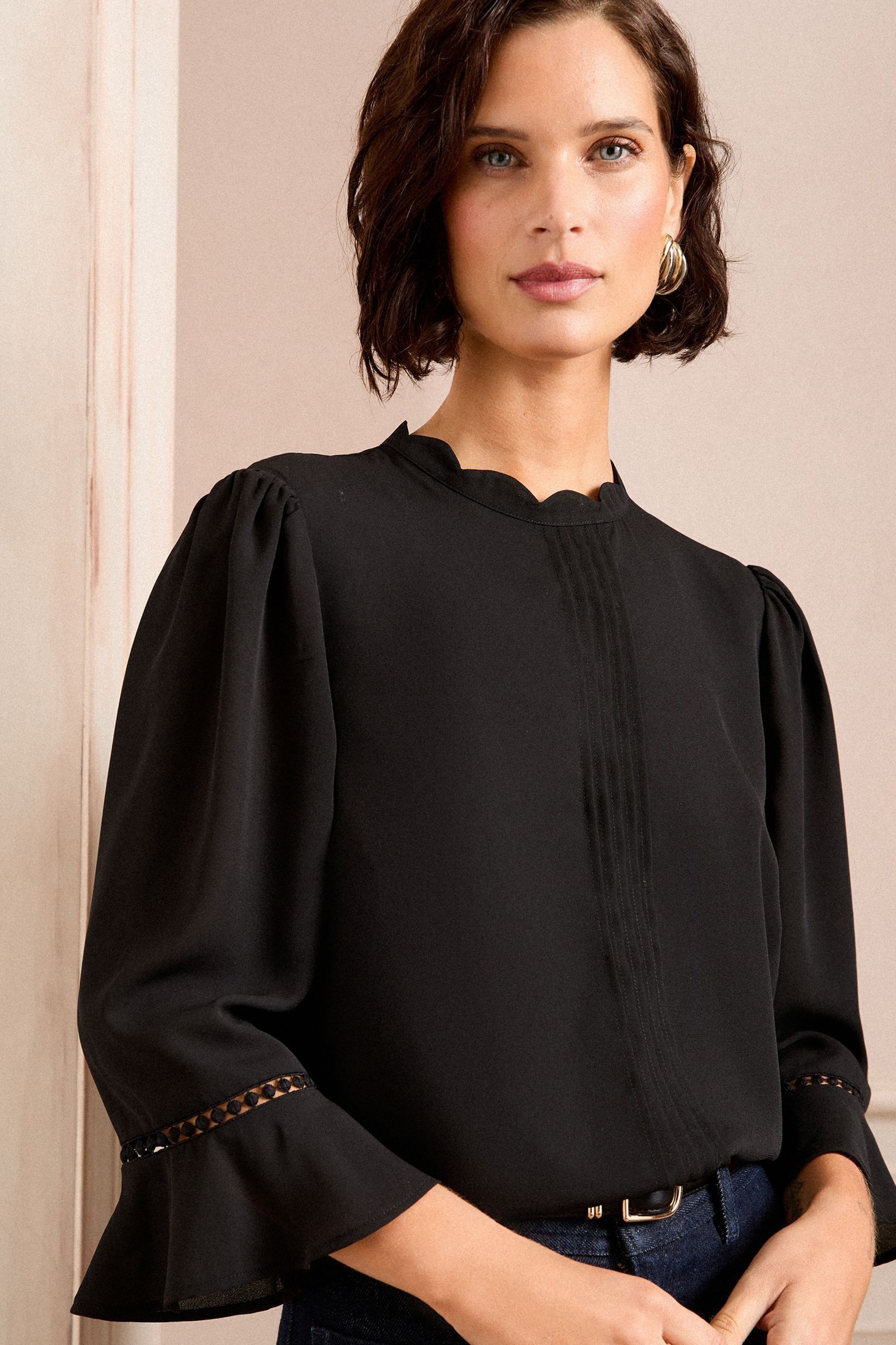 Minx Flowy Cotton Gauze Y-Neck Front Button Top - Black main image 1