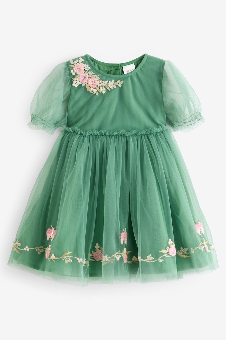 Green Embroidered Mesh Party Dress (3mths-10yrs) - Image 1 of 1