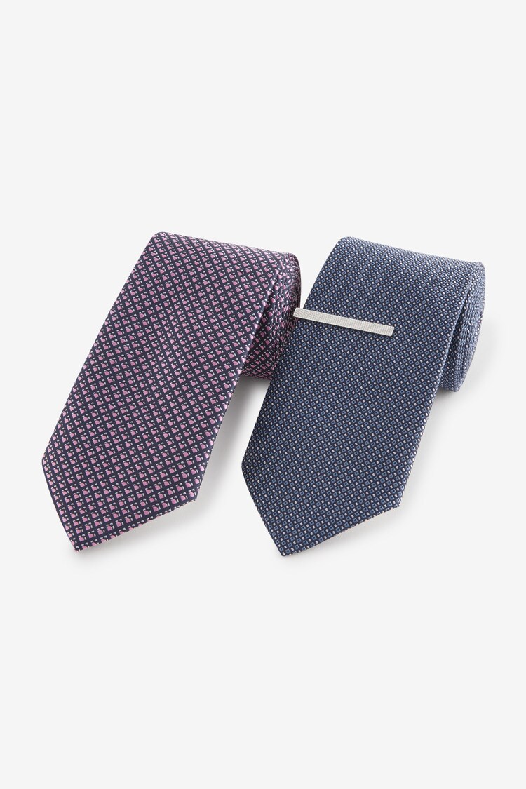 Pink/Navy Blue Textured Ties And Tie Clips 2 Pack - Image 1 of 1