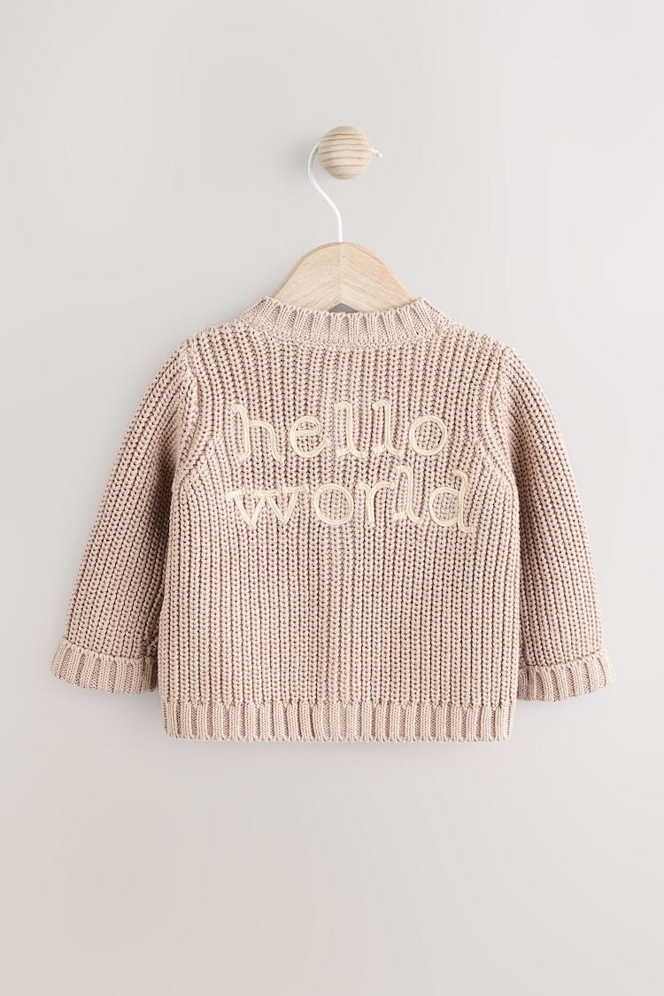 Hello World Neutral Chunky Knitted Embroidered Baby Cardigan - Image 1 of 1