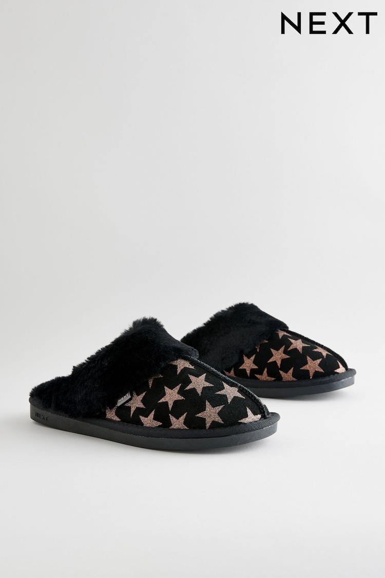 Black/Gold Stars Christmas Suede Faux Fur Lined Mule Slippers - Image 1 of 1