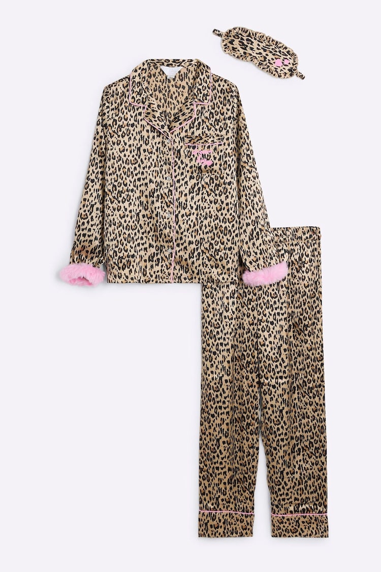 River Island Brown Girls Leopard Print Satin Pyjamas - Image 1 of 1