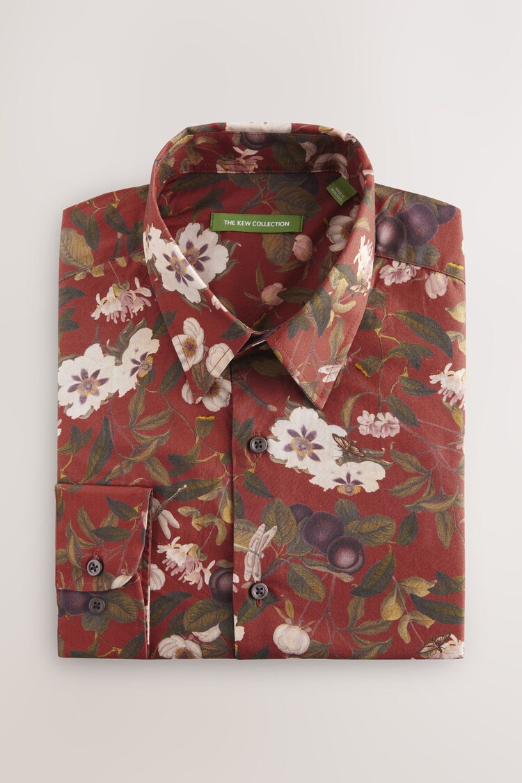 Rust Brown Regular Fit Kew Collection 100% Cotton Floral Long Sleeve Single Cuff Shirt - Image 1 of 1
