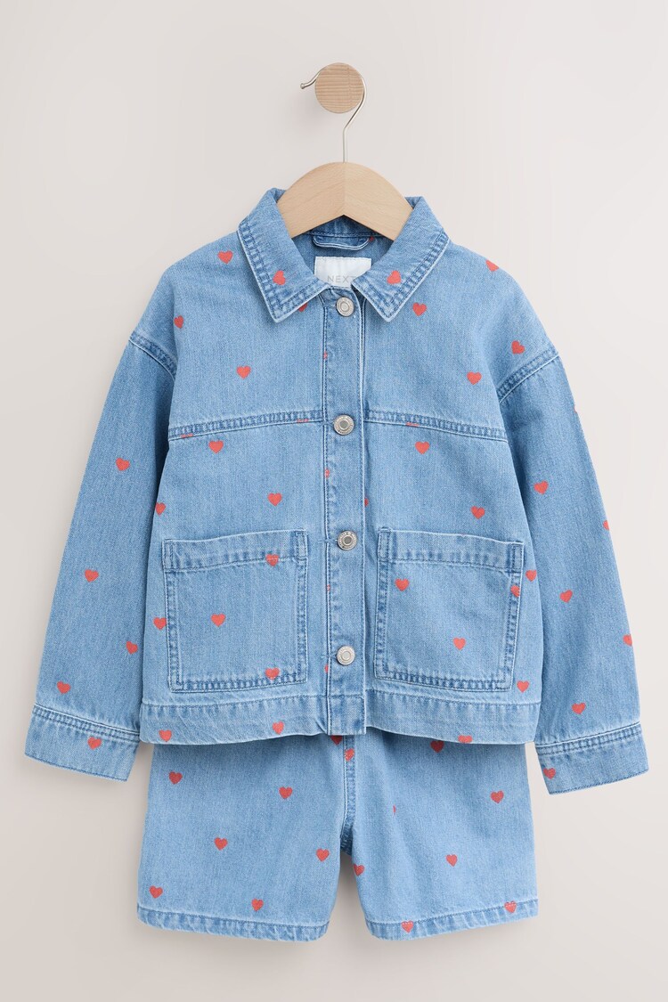 Denim Heart Emb 100% Cotton Shacket and Shorts Set (3-16yrs) - Image 1 of 1