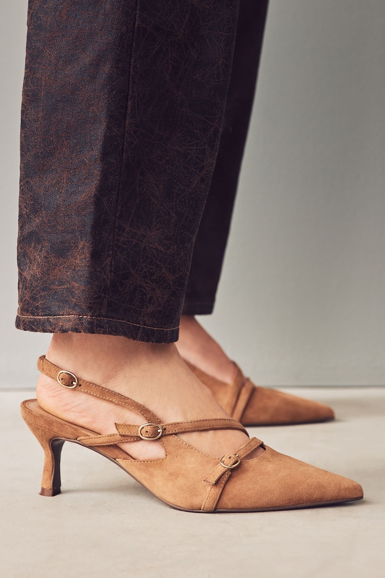 Camel Forever Comfort® Leather Multi Buckle Slingback Heels - Image 1 of 1