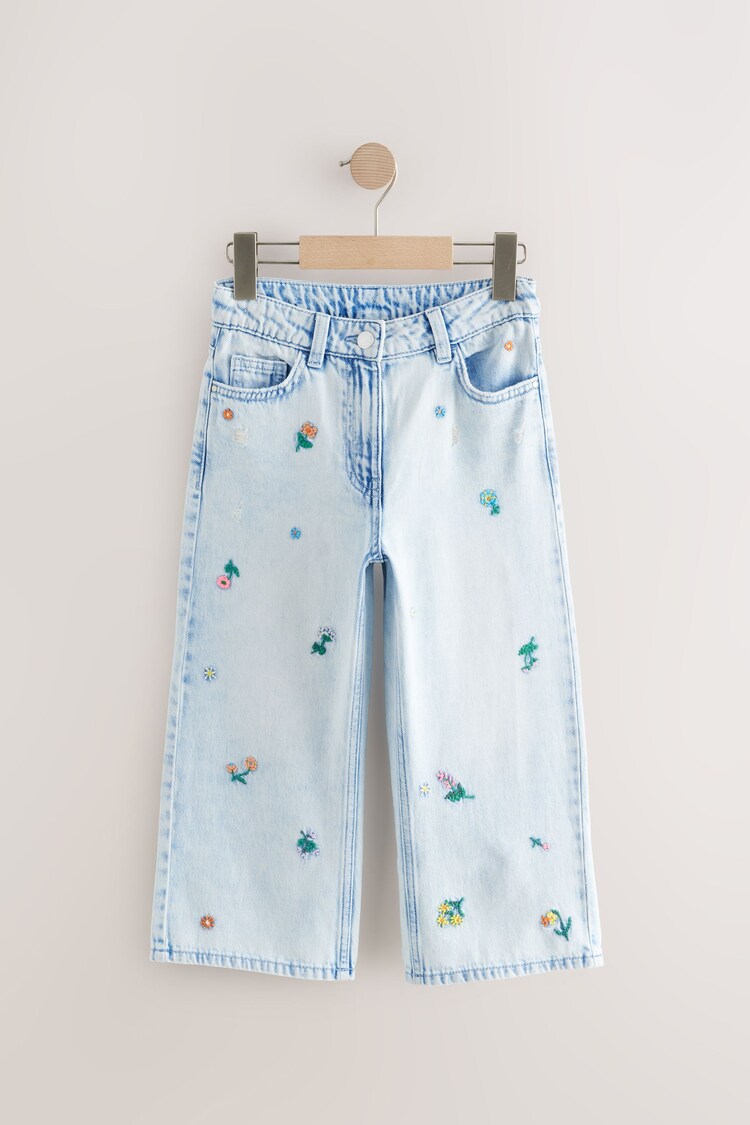 Mid Blue Floral Embroidered Wide Leg 100% Cotton Jeans (3-16yrs) - Image 1 of 1