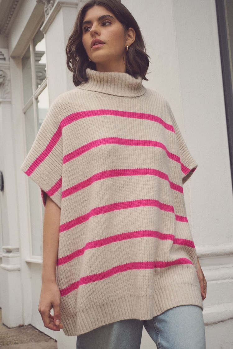 Ecru/Pink Stripe Roll Neck Knitted Containing Alpacca Wool Poncho - Image 1 of 1