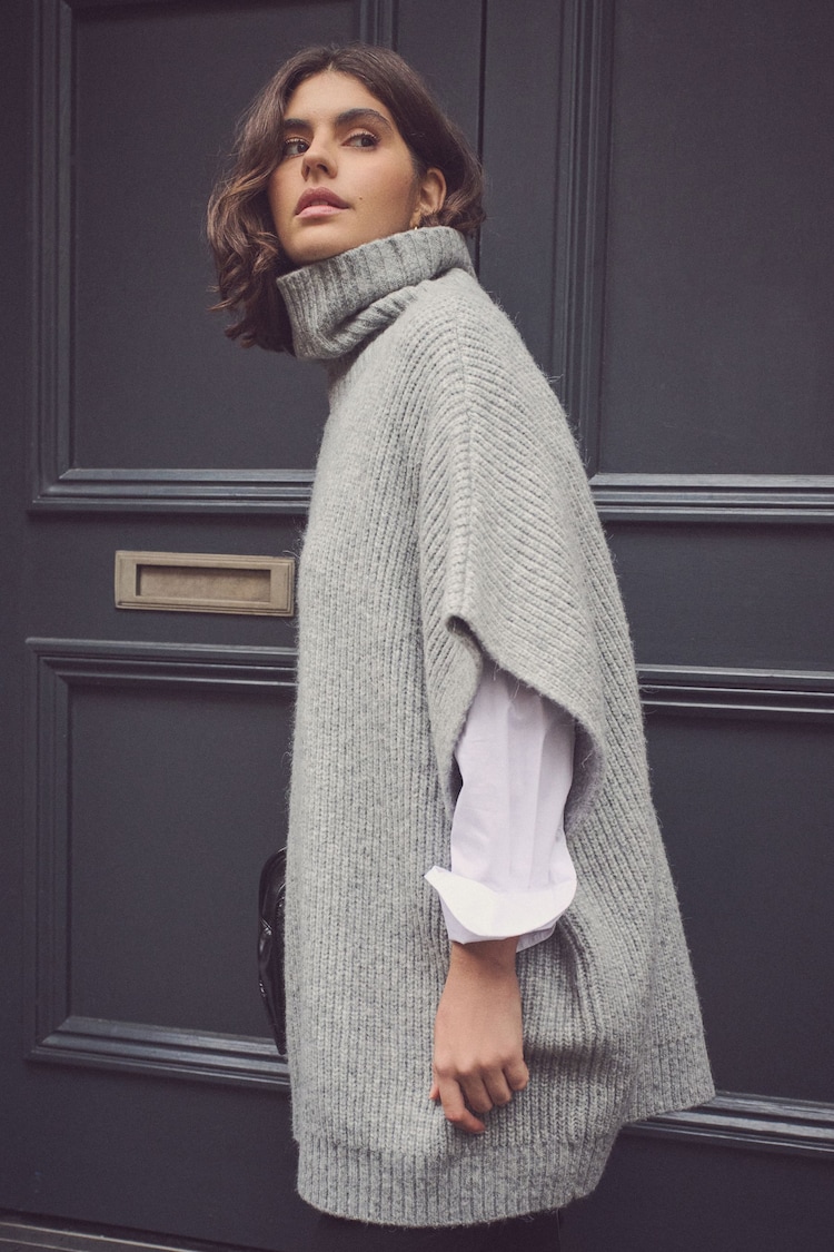 Grey Roll Neck Knitted Containing Alpacca Wool Poncho - Image 1 of 1